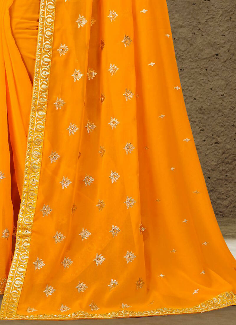 Mustard Georgette Embroidered Saree with Unstitched Blouse Piece - Avika | Grocsy