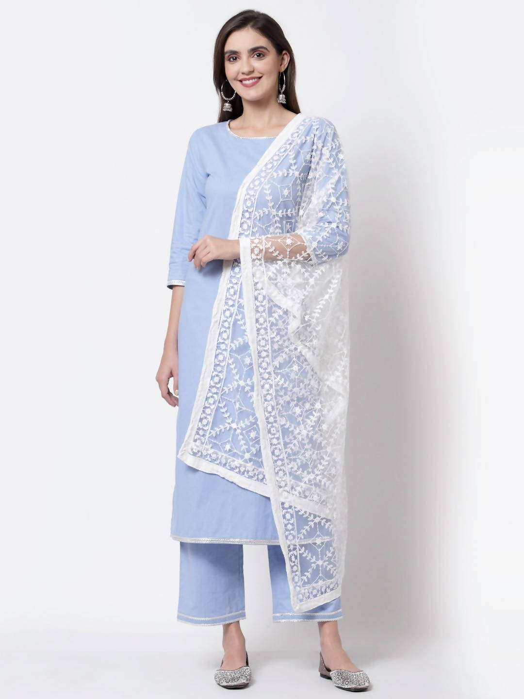 Myshka Blue Cotton 3/4 Sleeve Round Neck Solid Casual Kurta Pant Dupatta Set | Grocsy