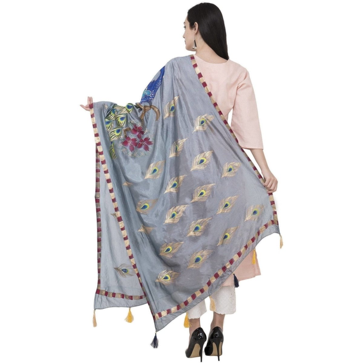 A R Silk Silk Peacock Multi Fancy Dupatta Color Gray Dupatta or Chunni | Grocsy