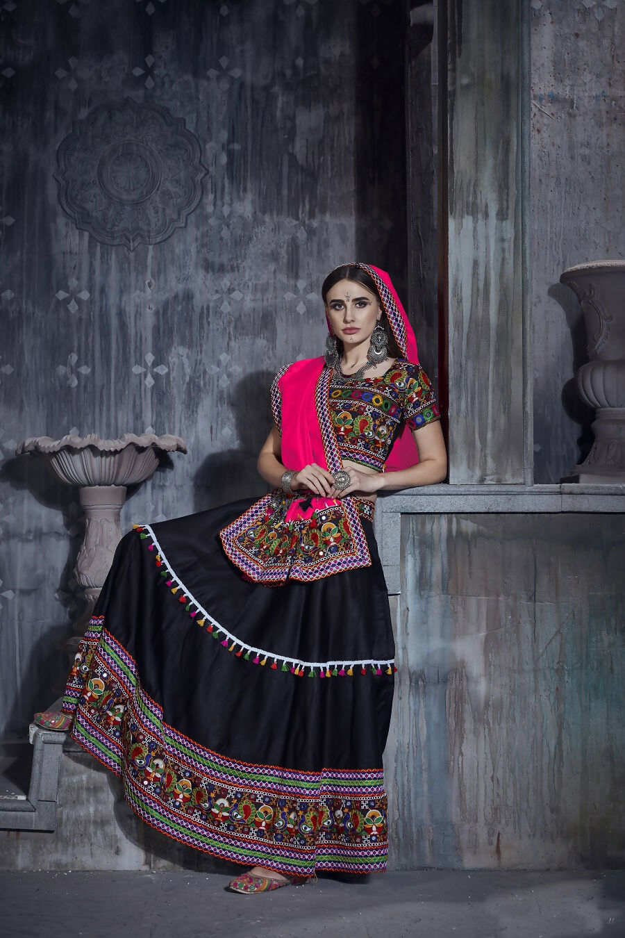 AI Fashion Black Art Silk Designer Navratri Lehenga Choli Collection | Grocsy