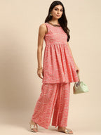 All About You Women Peach Pin & White Bandhani Print Pleated Sequinned Kurti with Palazzos | Grocsy