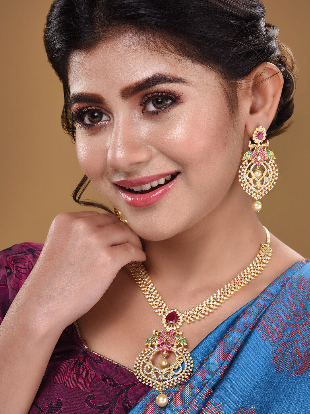 Saraf RS Jewellery Gold-Polished Green & Pink American Diamond Studded & Beaded Handcrafted Jewellery Set | Grocsy