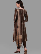HERE&NOW Brown Striped Regular Pure Cotton Kurta With Trousers & Dupatta | Grocsy