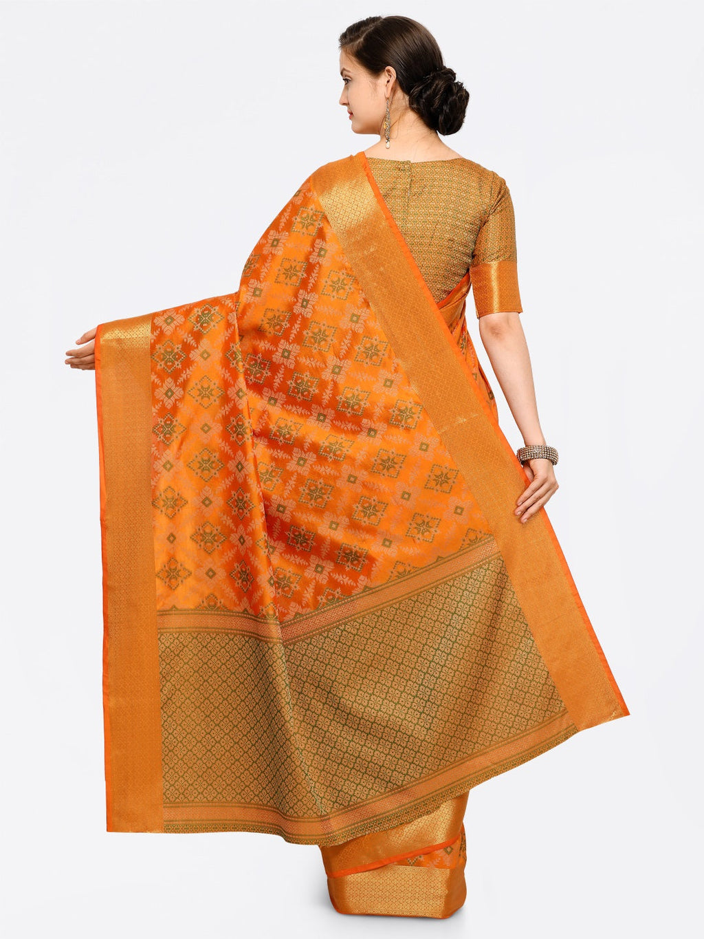 Saree Mall Yellow Silk Blend Patola Print Kanjeevaram Saree with Unstitched Blouse | Grocsy