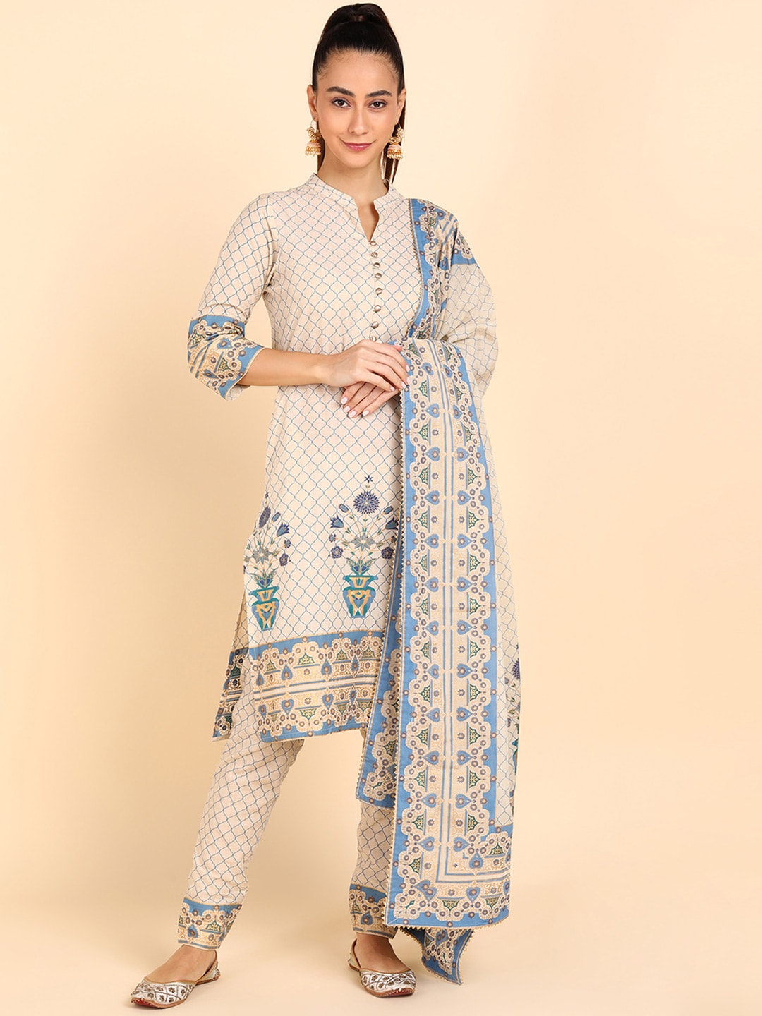 HERE&NOW Women Blue Floral Printed Pure Cotton Kurta with Trousers & With Dupatta | Grocsy