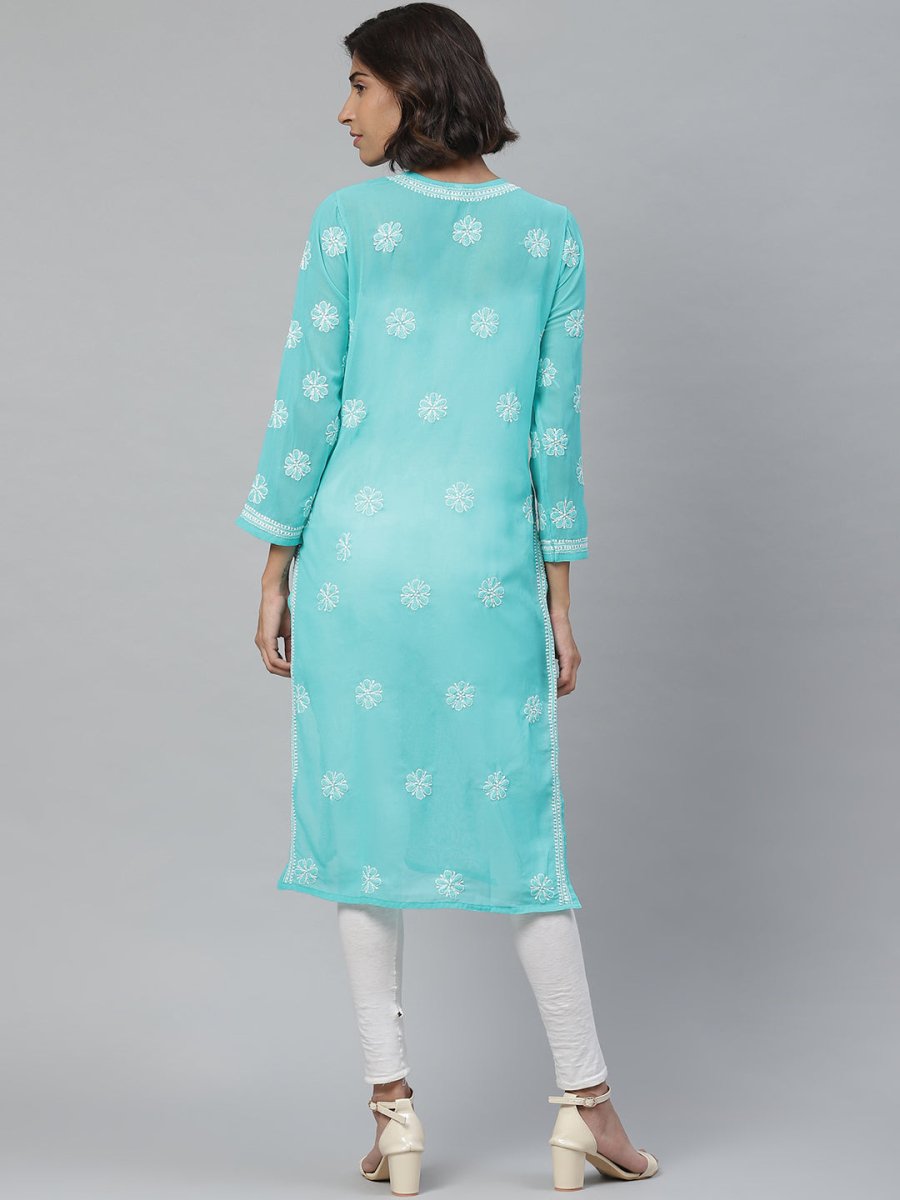 ADA Women Sea Green & White Floral Chikankari Embroidered Straight Sustainable Handloom Kurta | Grocsy