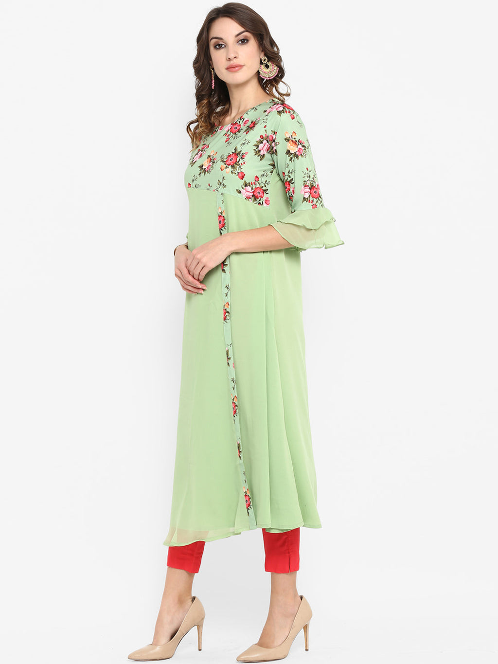 Janasya Women Green & Pink Floral Printed A-Line Kurta | Grocsy