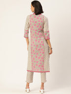 HERE&NOW Women Beige Floral Printed Kurta with Trousers & With Dupatta | Grocsy