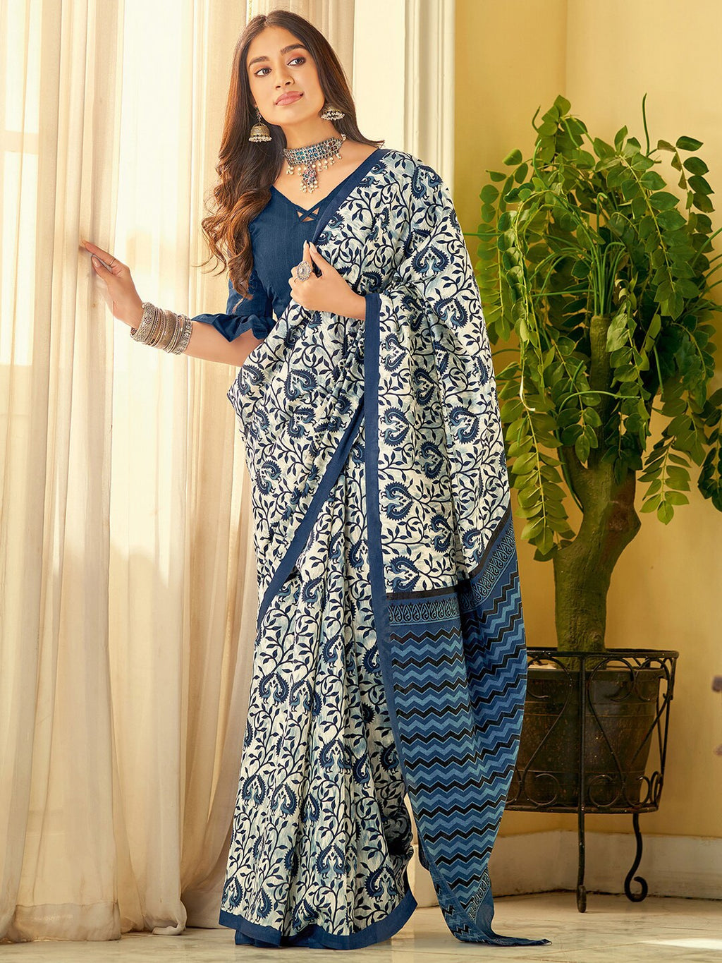 Saree Mall Off White & Blue Ethnic Motifs Dabu Saree | Grocsy