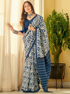 Saree Mall Off White & Blue Ethnic Motifs Dabu Saree | Grocsy