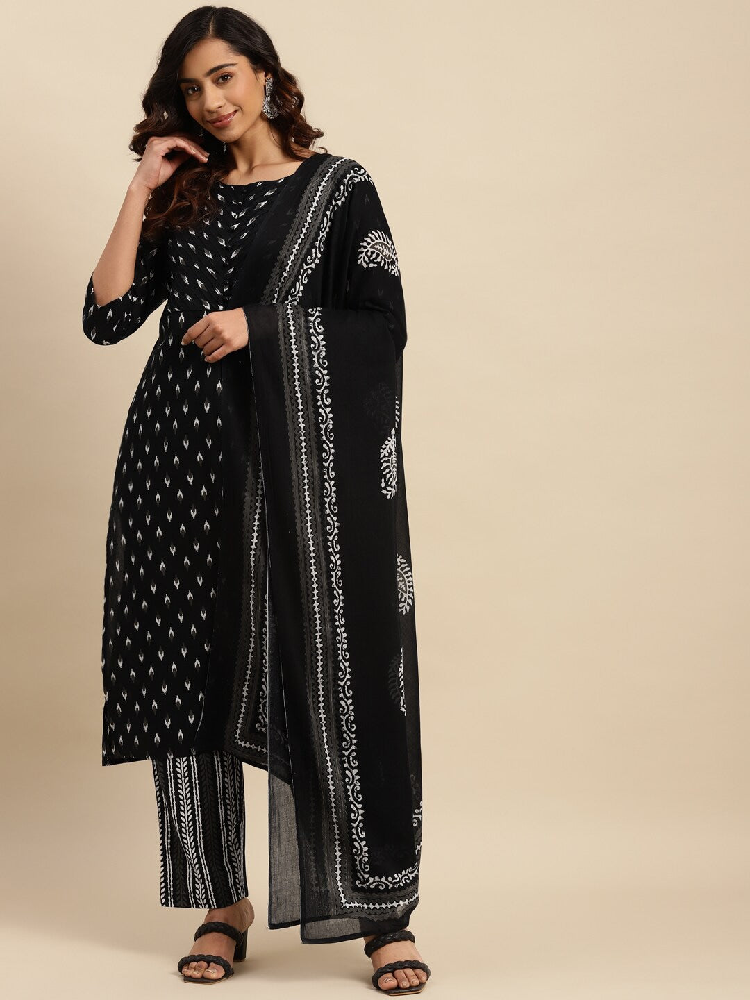 Sangria Black Ethnic Motifs Printed Pure-Cotton Straight Kurta With Trouser & Dupatta | Grocsy