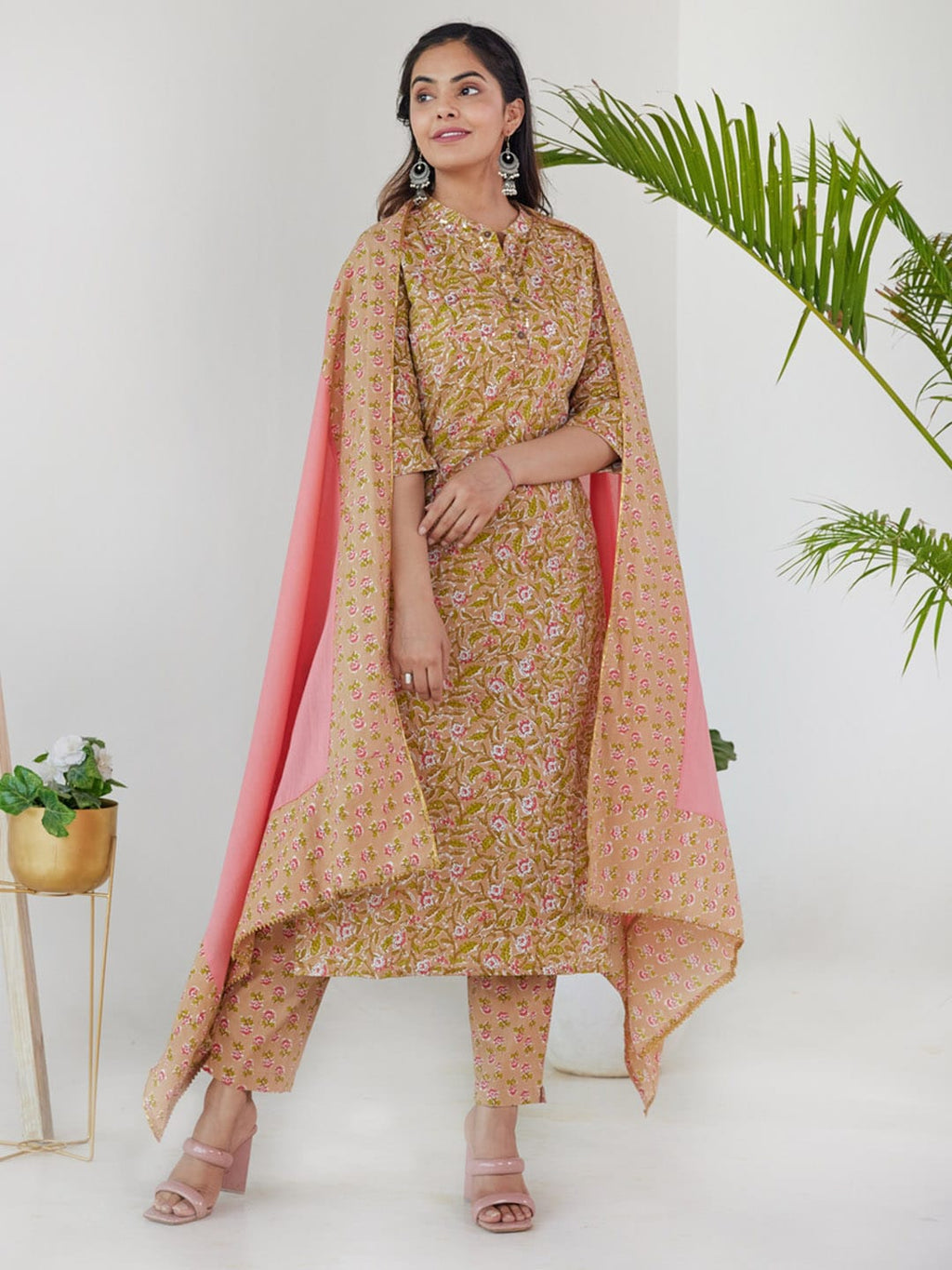 HERE&NOW Women Mustard Yellow Floral Printed Pure Cotton Kurta Set | Grocsy