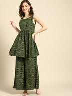 All About You Women Green Bandhani Printed Gathered Sequinned Kurti with Palazzos | Grocsy