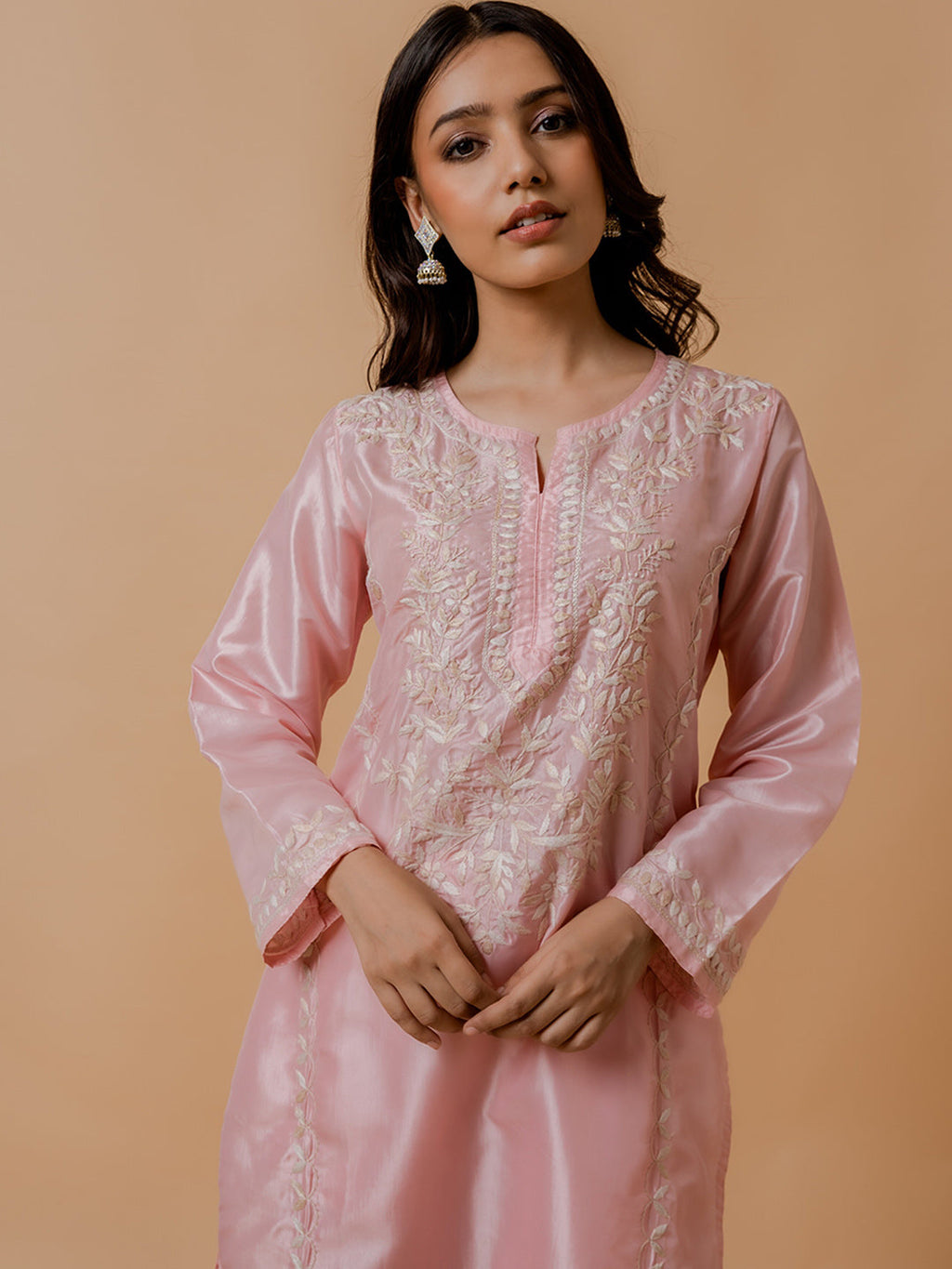 HOUSE OF KARI Floral Embroidered Silk Chikankari Kurta | Grocsy