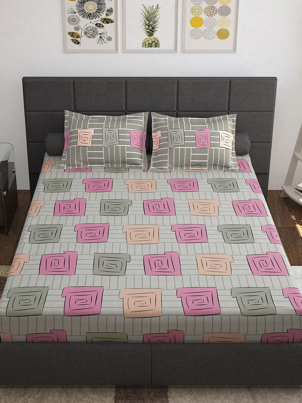 Story@home Beige & White Geometric Cotton 152 TC Queen Bedsheet With 2 Pillow Covers | Grocsy