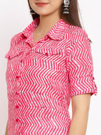 HERE&NOW Pink Shirt Collar Chevron Printed Roll Up Sleeves A-Line Kurta | Grocsy