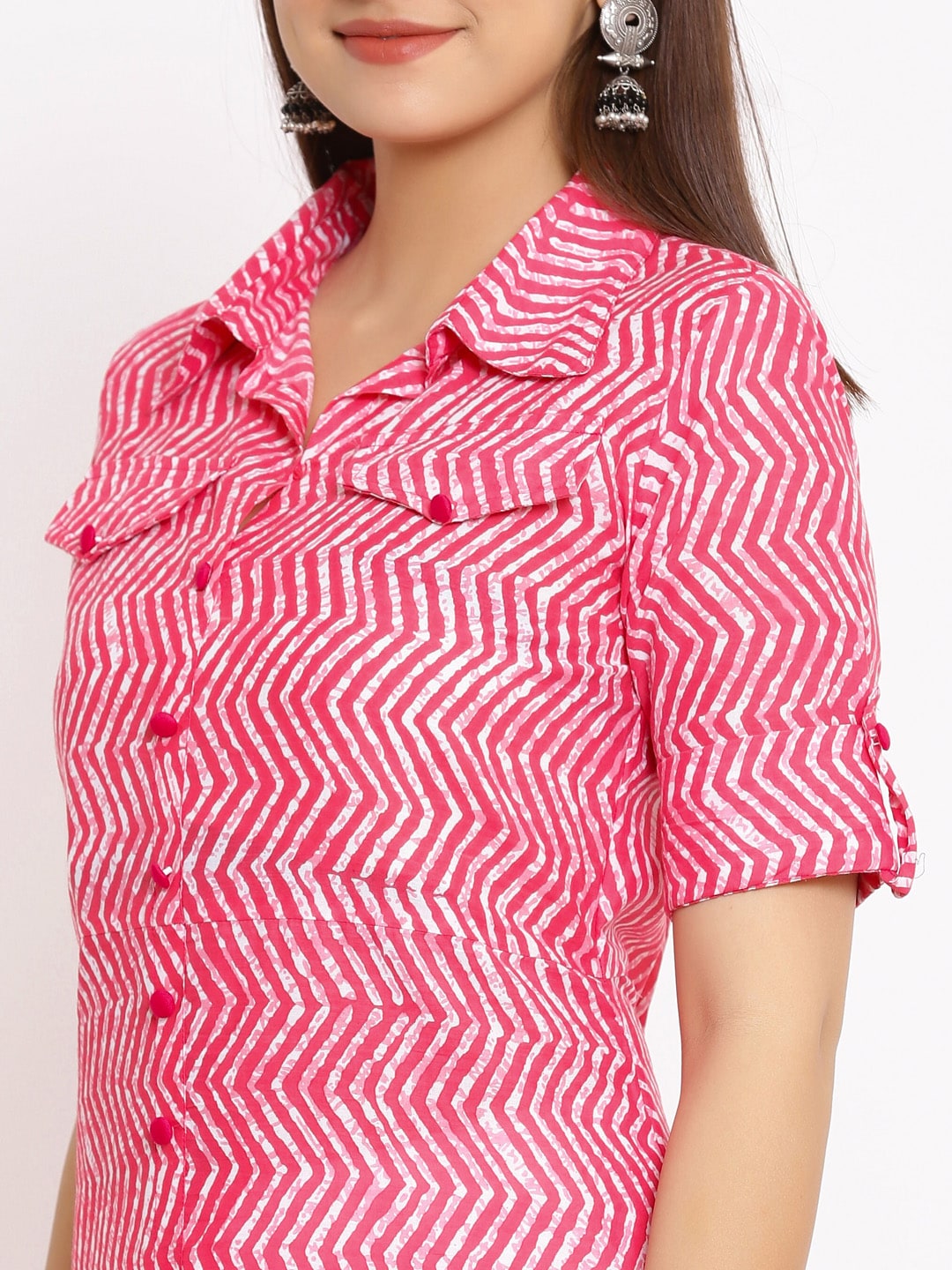 HERE&NOW Pink Shirt Collar Chevron Printed Roll Up Sleeves A-Line Kurta | Grocsy