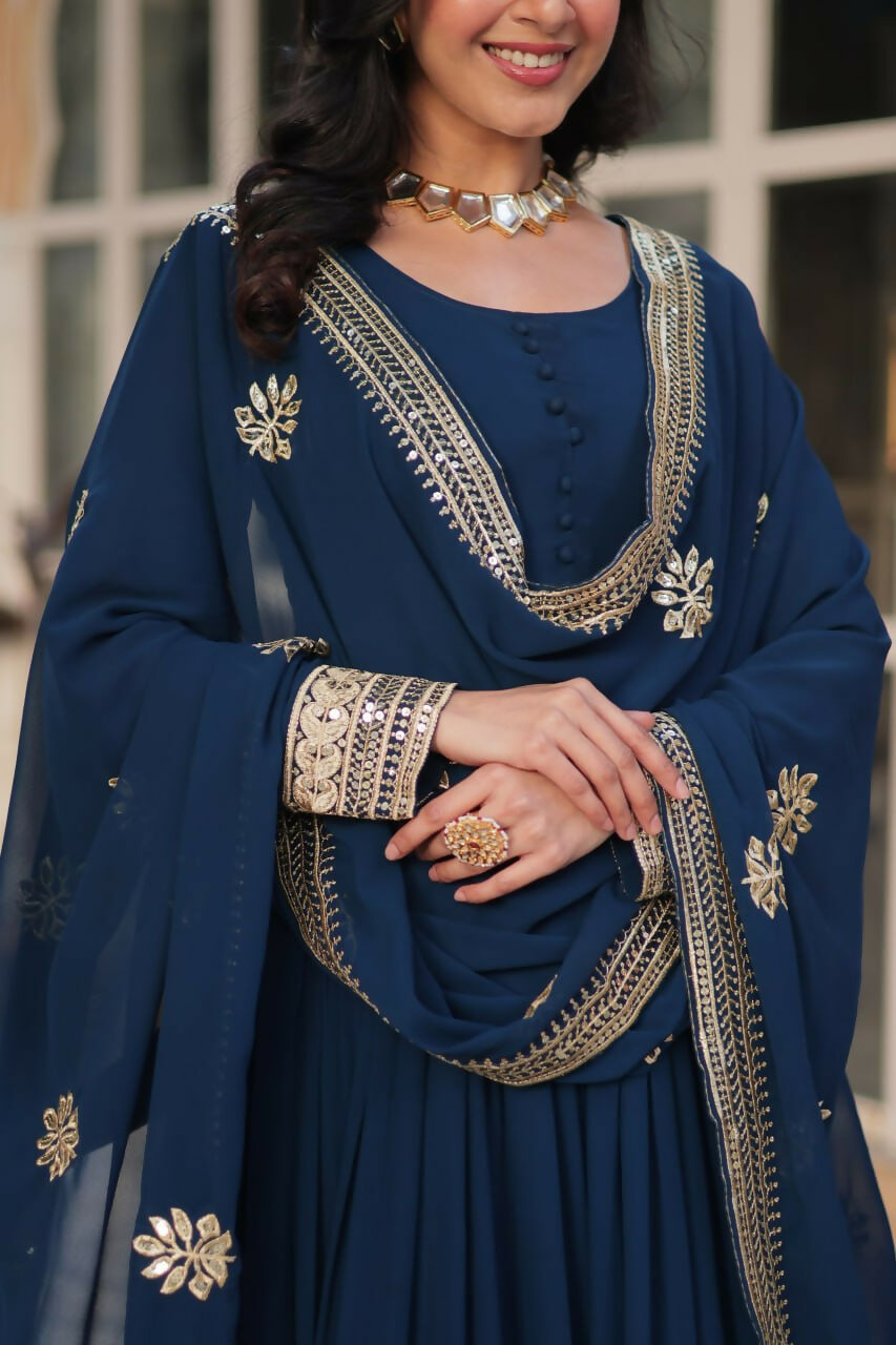 Vastranavya Premium Designer Faux Blooming with Embroidery Zari Sequins work Gown - Teal | Grocsy