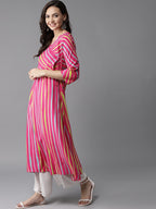HERE&NOW Women Stripes & Tie-Up A-Line Viscose Kurta | Grocsy