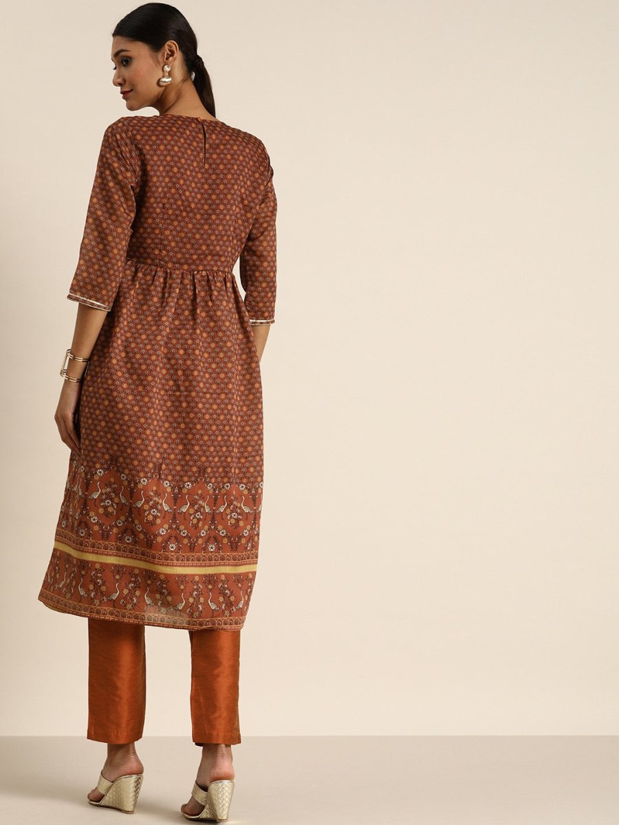 All About You Women Rust Floral Printed Empire Kurta with Trousers | Grocsy