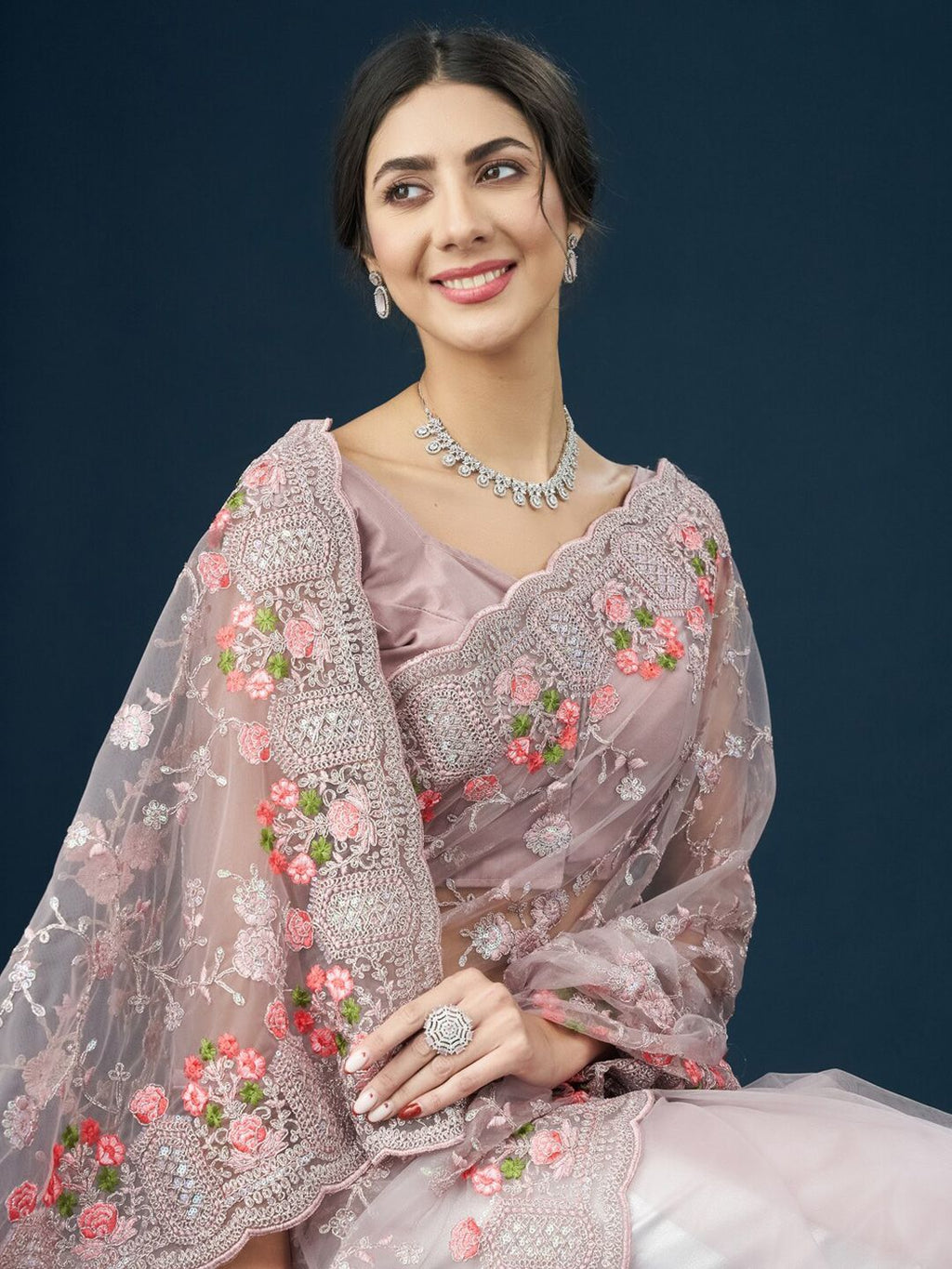 kasee Floral Embroidered Net Saree | Grocsy