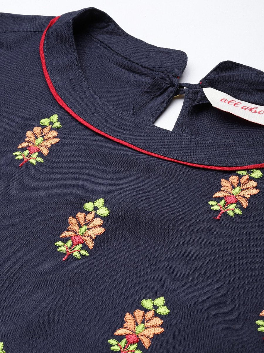 All About You Women Navy Blue Floral Embroidered Regular Thread Work Kurta with Trousers | Grocsy