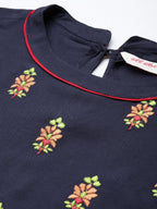 All About You Women Navy Blue Floral Embroidered Regular Thread Work Kurta with Trousers | Grocsy