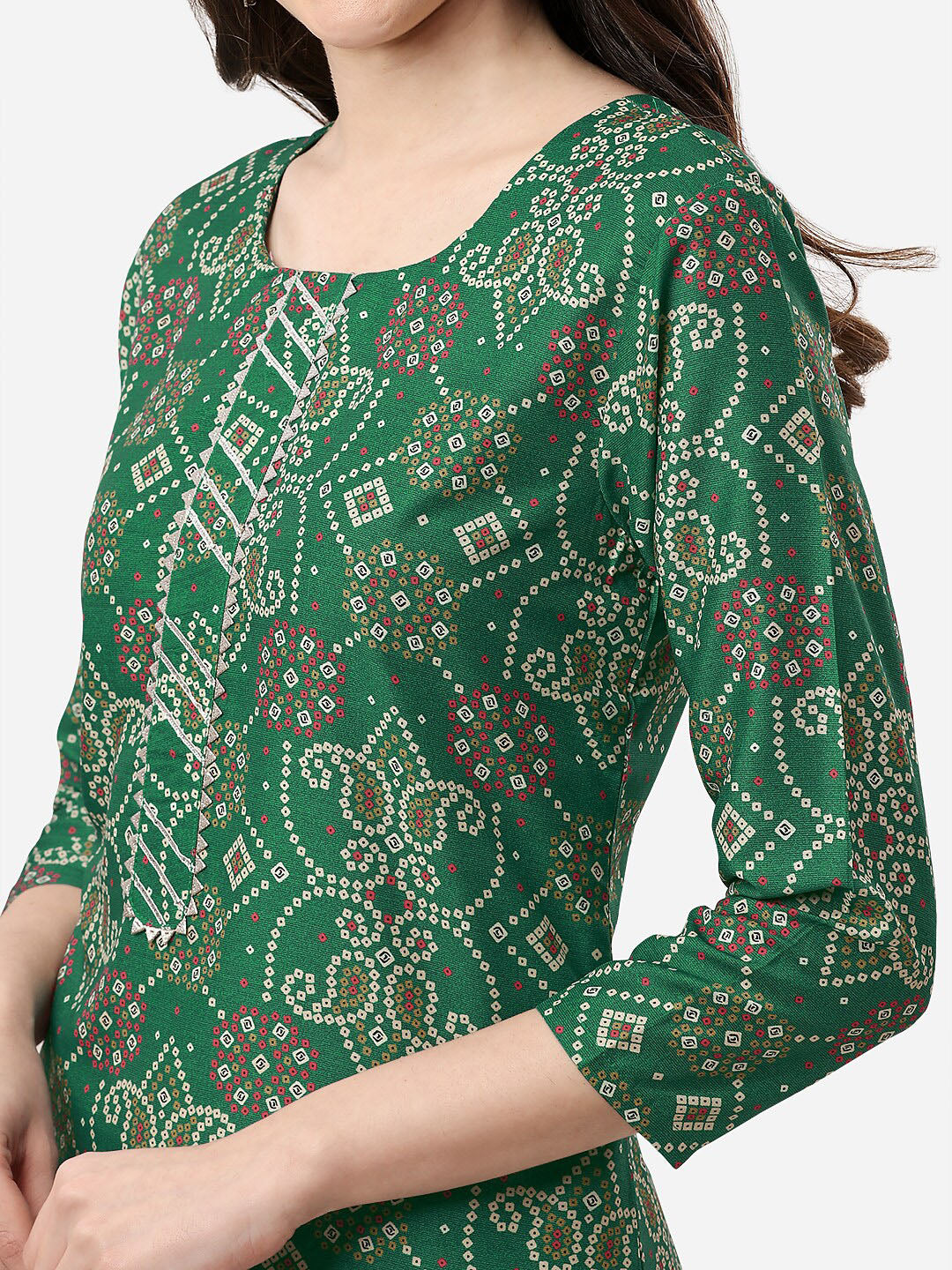 HERE&NOW Women Green Bandhani Printed Gotta Patti Pure Silk Kurta with Trousers | Grocsy