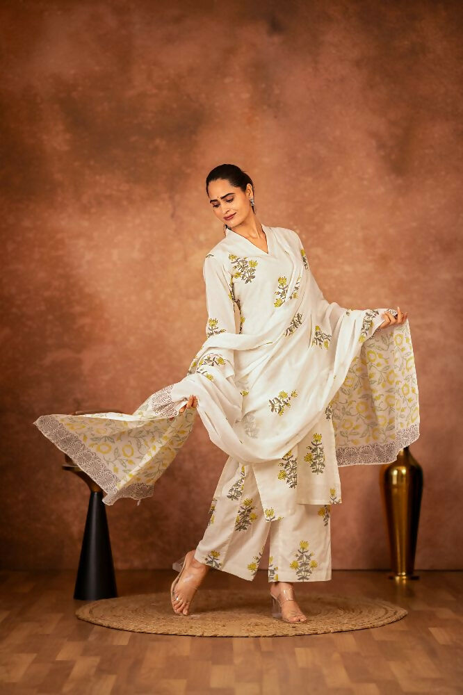 Joban Fashion Off White Yellow Hand Block Printed Cotton Suit Set | Grocsy