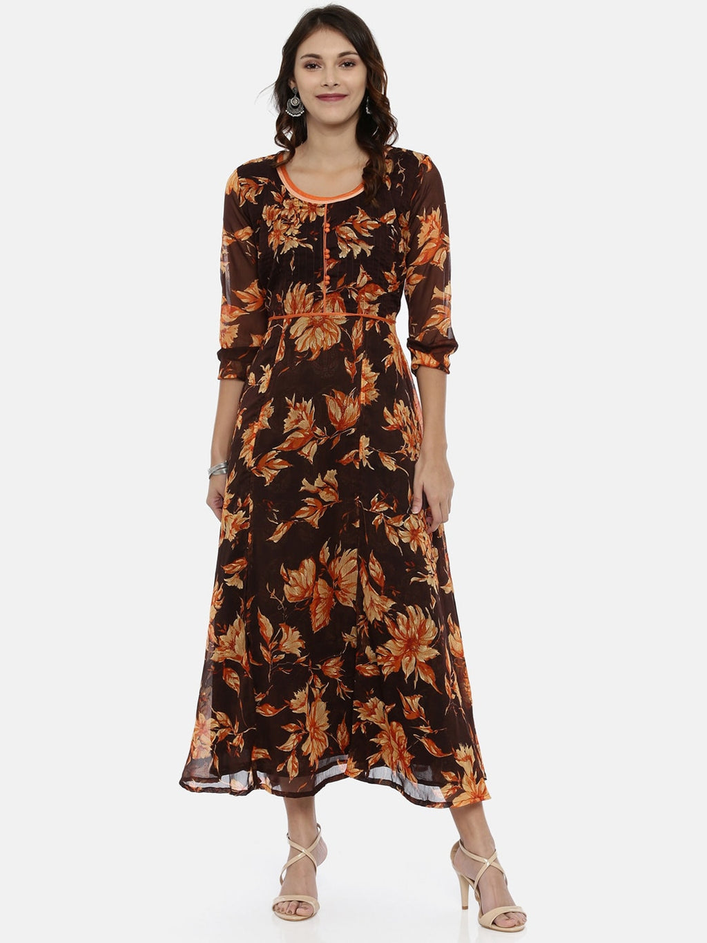 Souchii Brown & Orange Floral Printed Chiffon Maxi Dress | Grocsy