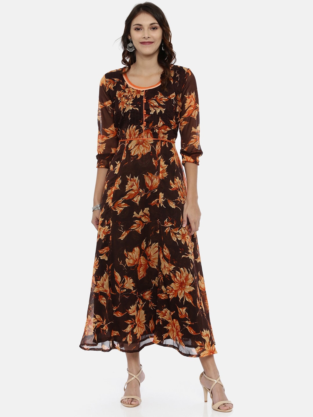 Souchii Brown & Orange Floral Printed Chiffon Maxi Dress | Grocsy
