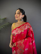 Elora Pink Soft Silk Floral Zari Weaving Meenakari Saree With Floral Border | Grocsy