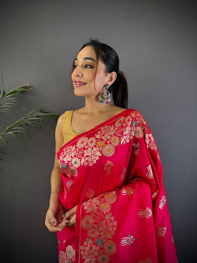 Elora Pink Soft Silk Floral Zari Weaving Meenakari Saree With Floral Border | Grocsy