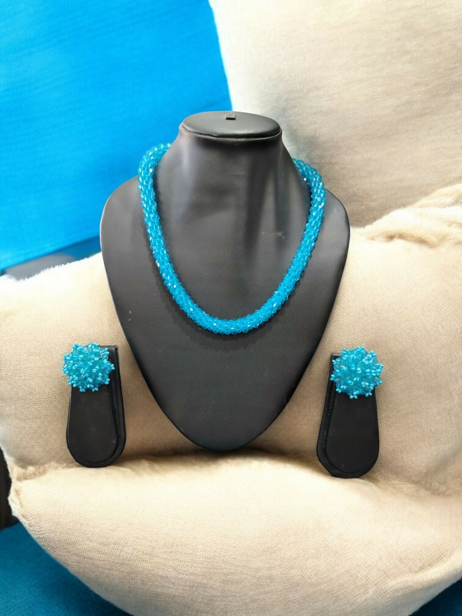 Inhanns Noor-E-Jalwa – Handmade Crystal Bead Necklace / Necklace With Earrings -Adjustable - Sky Blue | Grocsy