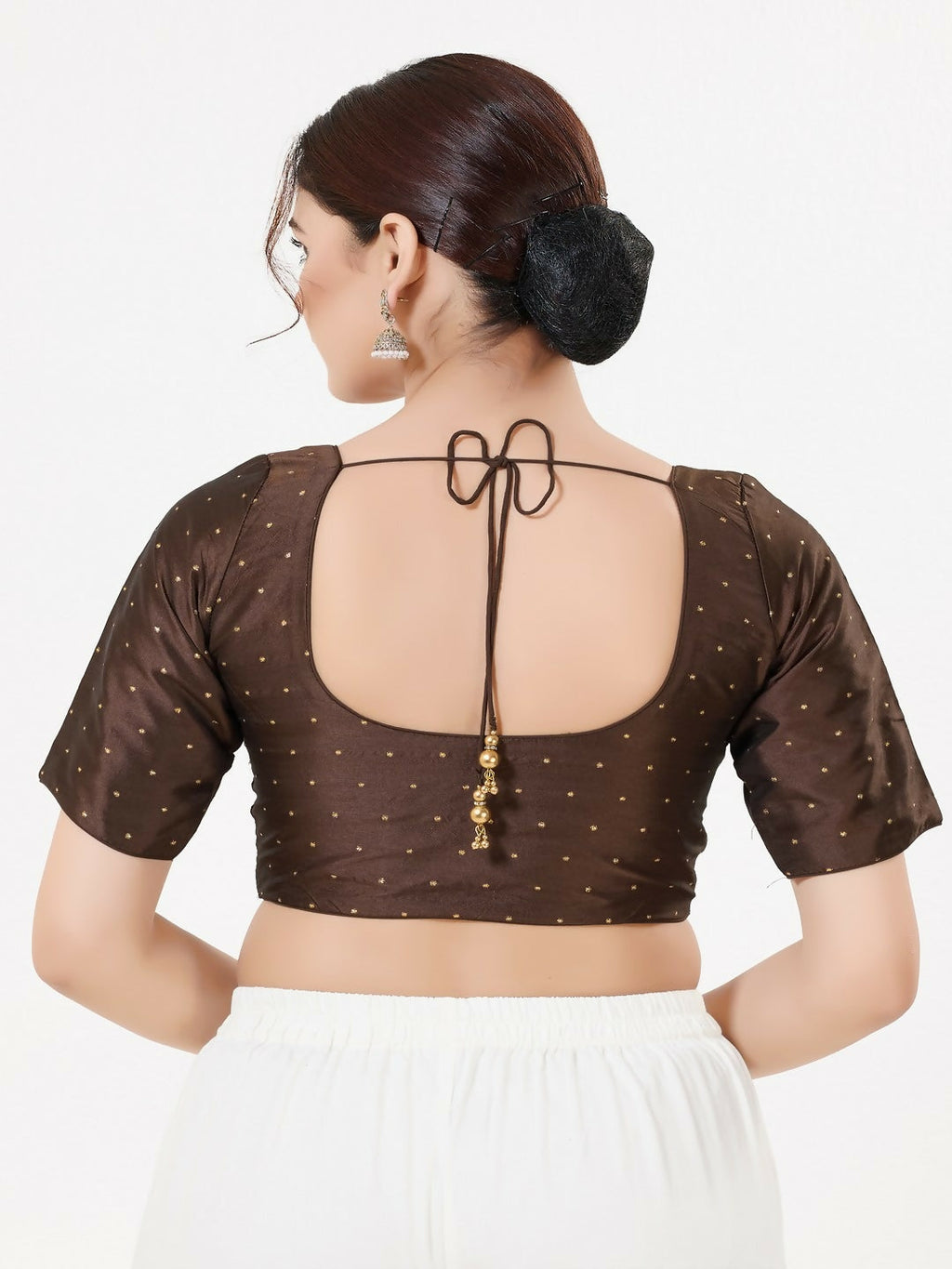 Joban Fashion Brown Taffeta Silk Elbow Sleeveless Front Open Blouse | Grocsy