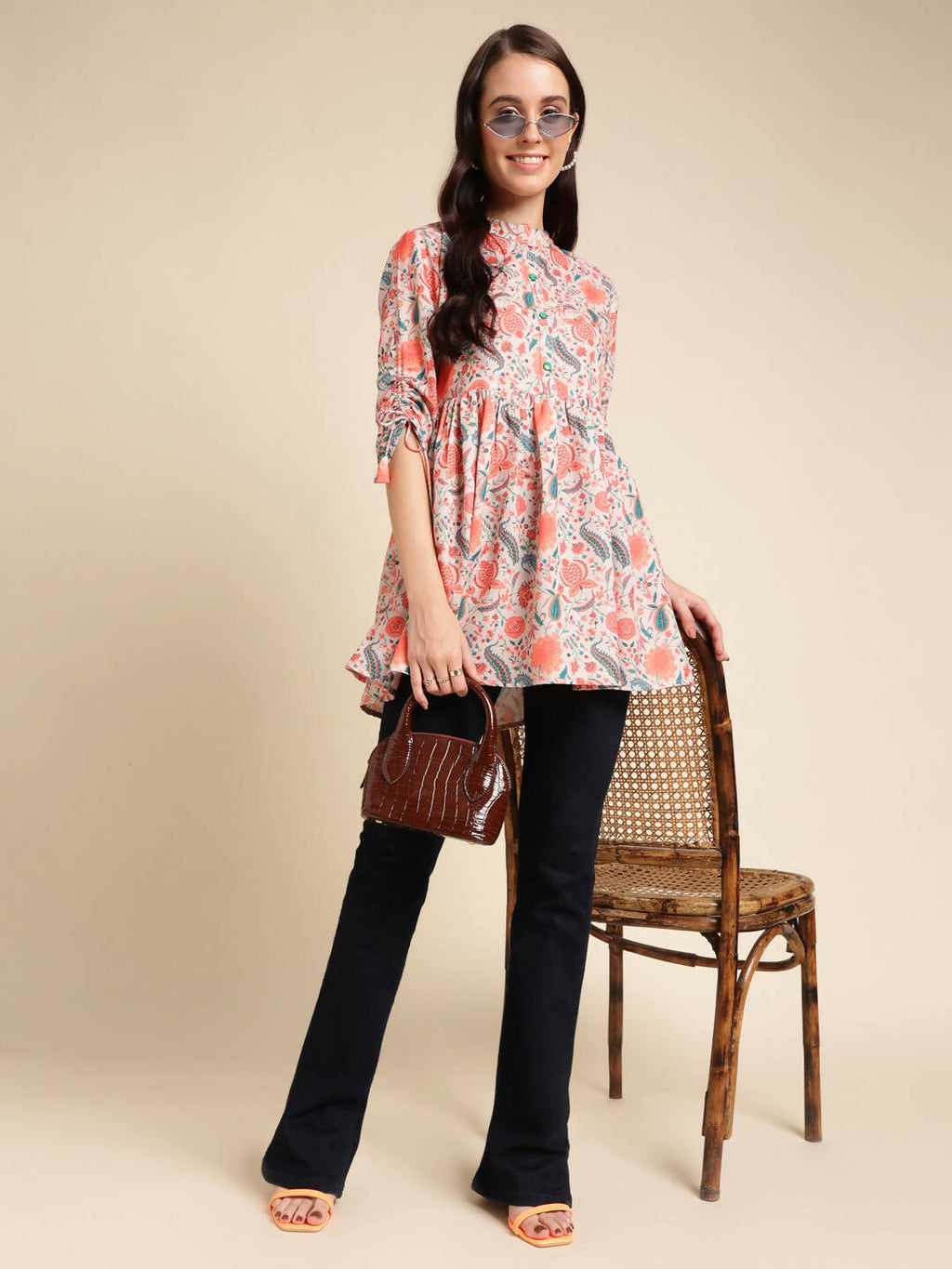 Orange Poly Rayon Digital Printed A-line Top - Tarini | Grocsy