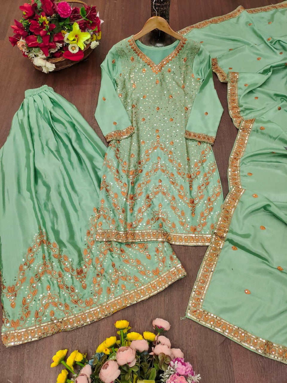 Teeya Creation Womens Trendy Light Green Silk Blend Gota Patti And Sequins Embroidered Sharara Suit Set | Grocsy