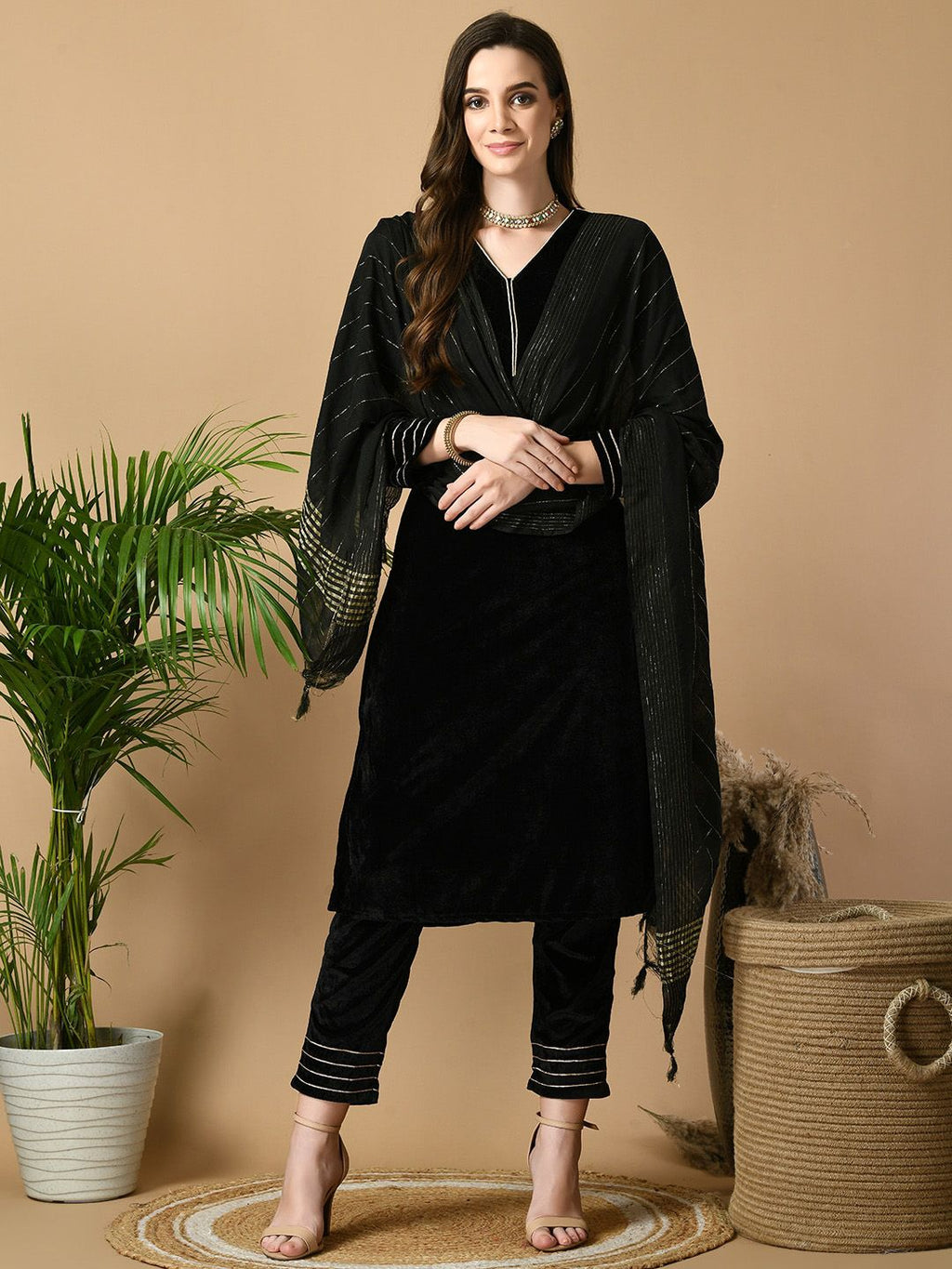 Sangria Black V-Neck Regular Velvet Kurta with Trousers & Dupatta | Grocsy
