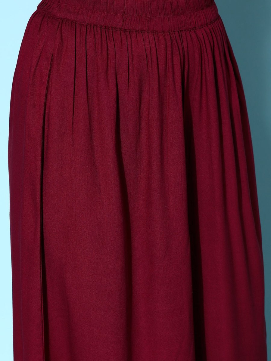 All About You Carmine Maroon Printed A-Line Veere Di Wedding Kurta with Palazzos | Grocsy