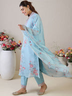 Indo Era Floral Embroidered V-Neck Thread Work Straight Kurta & Trousers & Dupatta | Grocsy