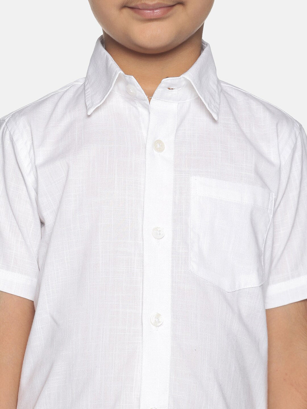 Sethukrishna Boys White & Gold Solid Pure Cotton Shirt & Veshti Set | Grocsy