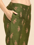 All About You Women Green Floral Print Embroidered Regular Kurta with Trousers | Grocsy