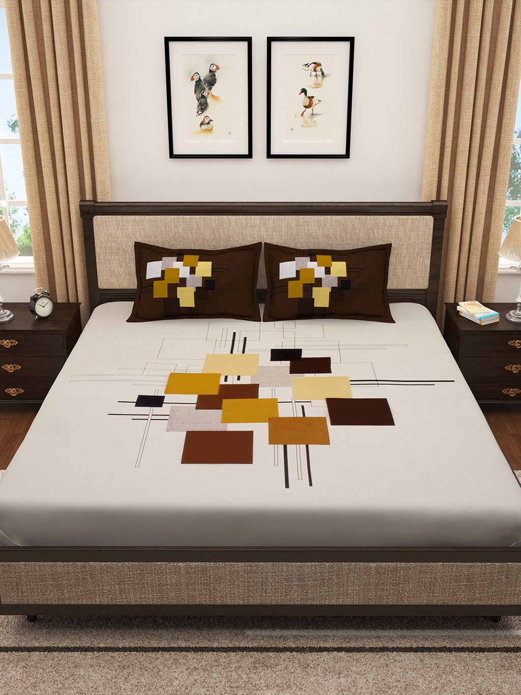 Story@home Cream-Coloured & Brown Abstract 300 TC Cotton 1 King Bedsheet with 2 Pillow Covers | Grocsy