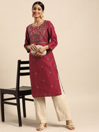 Sangria Women Red Yoke Design Sequined Kurta | Grocsy