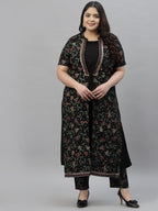 Sztori Plus Size Floral Printed Mandarin Collar Foil Printed A-Line Kurta With Trouser | Grocsy