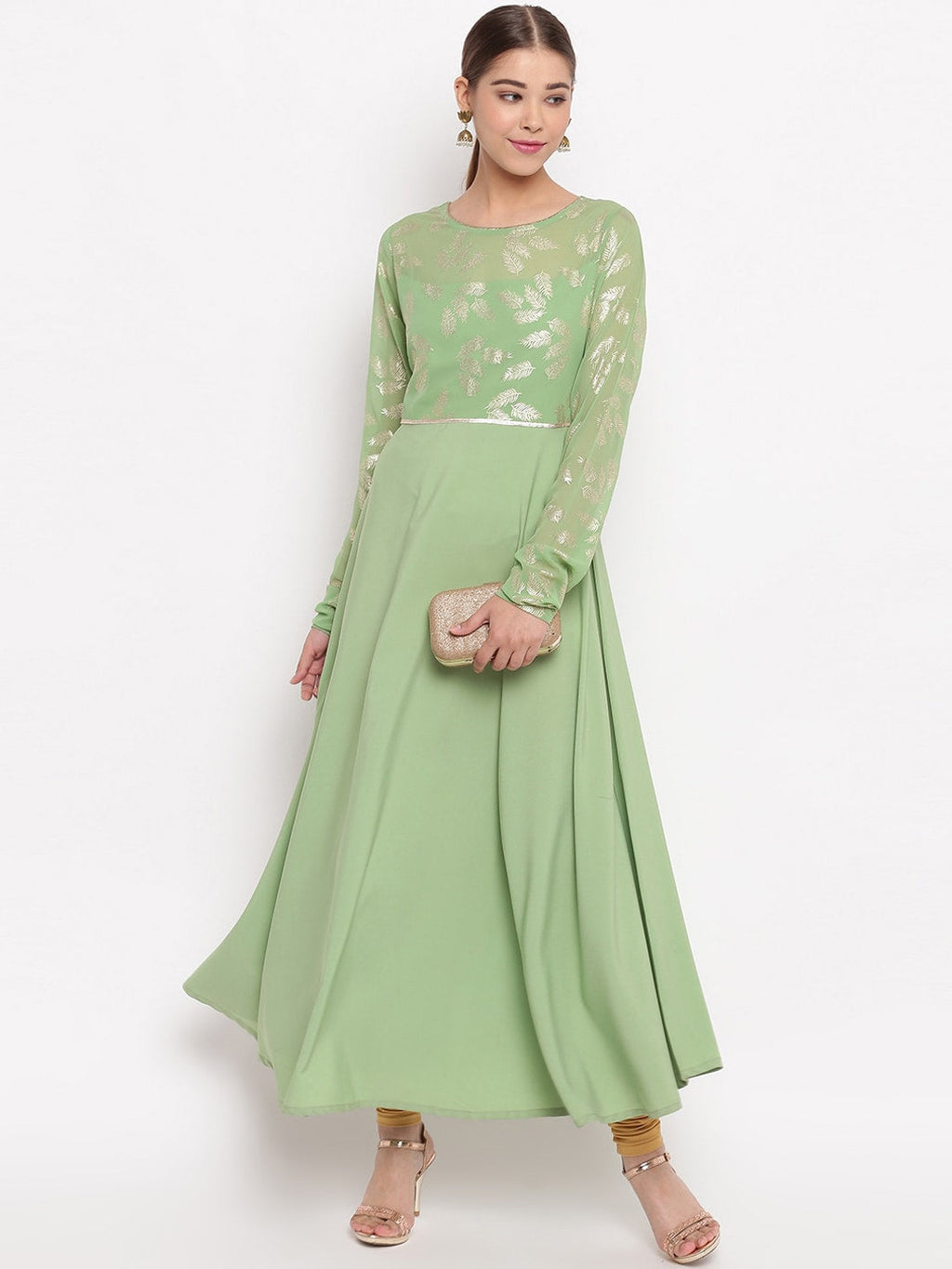 Janasya Women Green Printed Anarkali Kurta | Grocsy