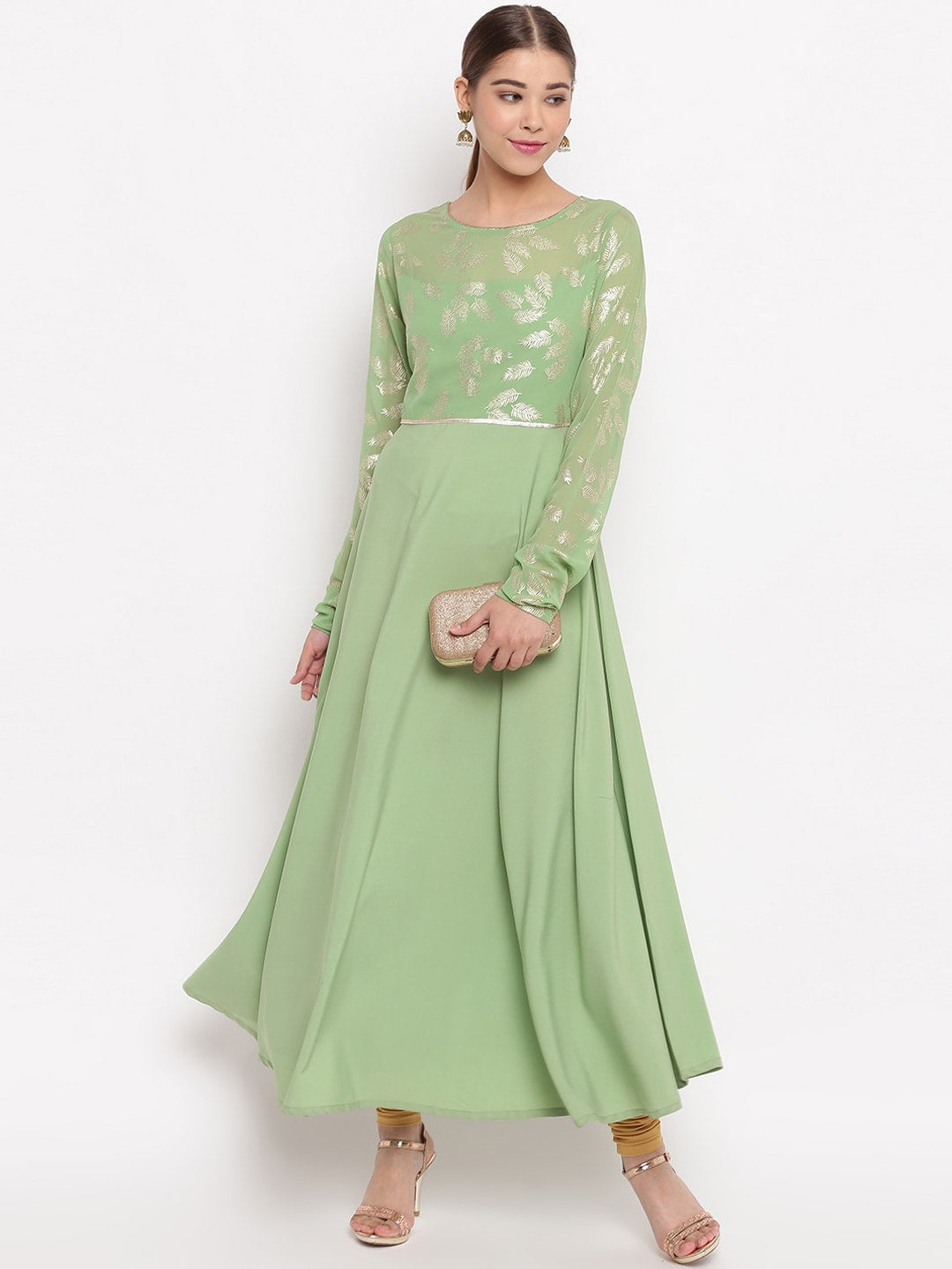 Janasya Women Green Printed Anarkali Kurta | Grocsy