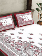 JAIPUR FABRICWhite Red Ethnic Motifs Cotton 250 TC King Bedsheet With 2 Pillow Covers | Grocsy