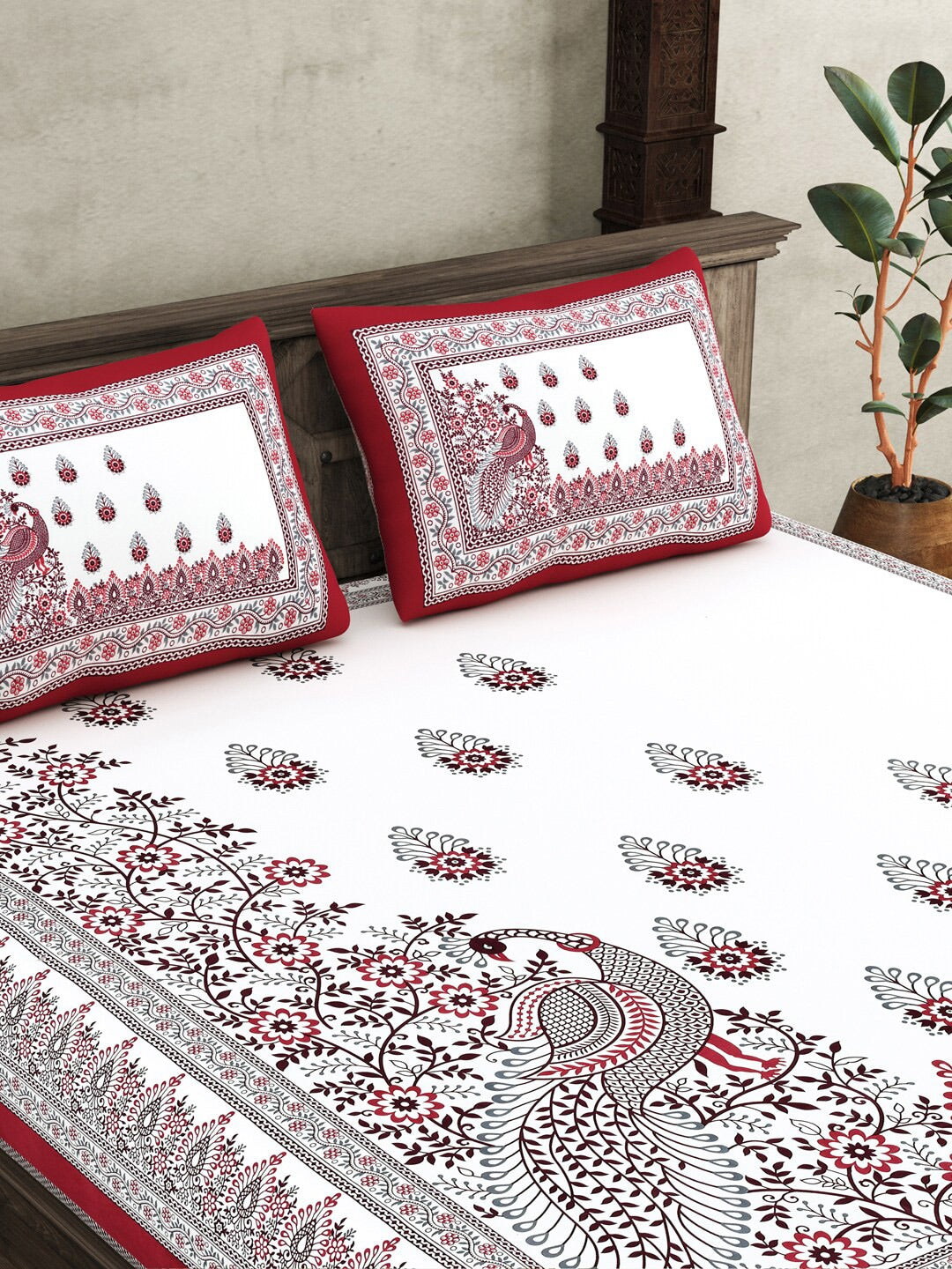 JAIPUR FABRICWhite Red Ethnic Motifs Cotton 250 TC King Bedsheet With 2 Pillow Covers | Grocsy
