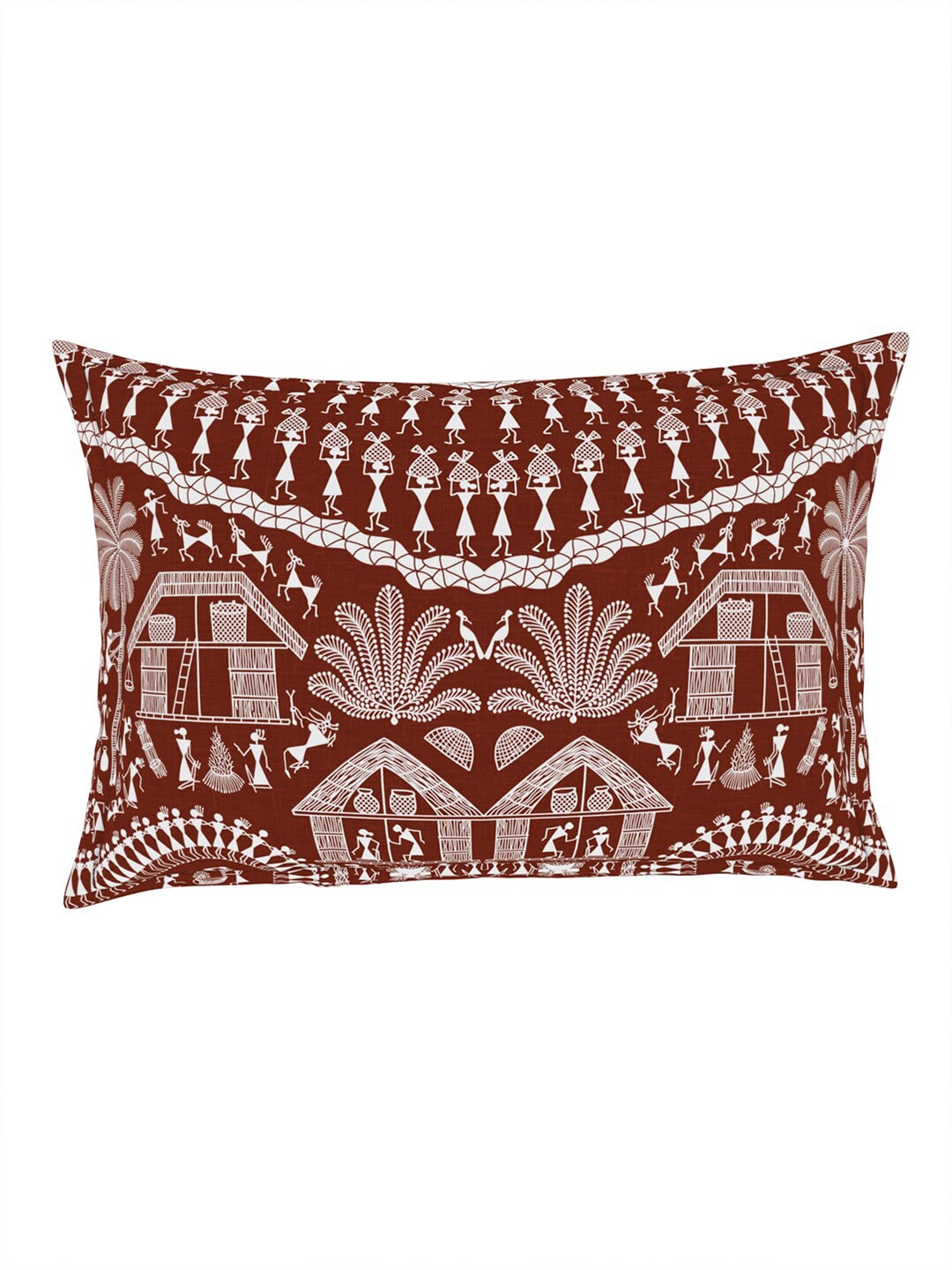 SPACES Warli Orange & White Printed Cotton 210 TC King Bedsheet with 2 Pillow Covers | Grocsy